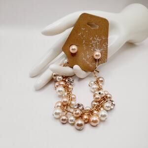 Faux Pearl Pink Bracelet Toggle & Matching Post Earrings Set Gold Tone